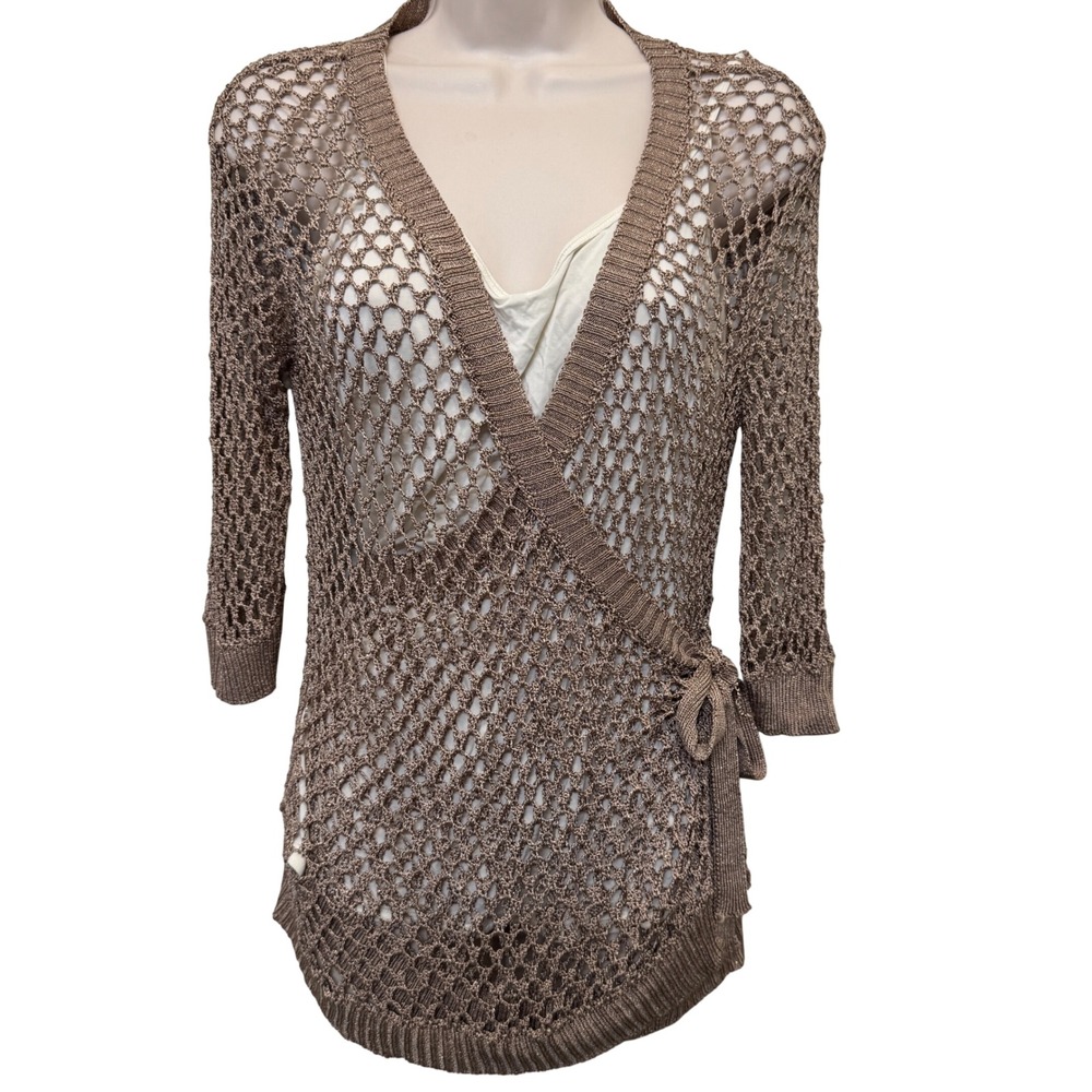 Bisou Bisou Womens‎ Wrap Cardigan Large Bronze Open Knit Crochet Boho Shimmer